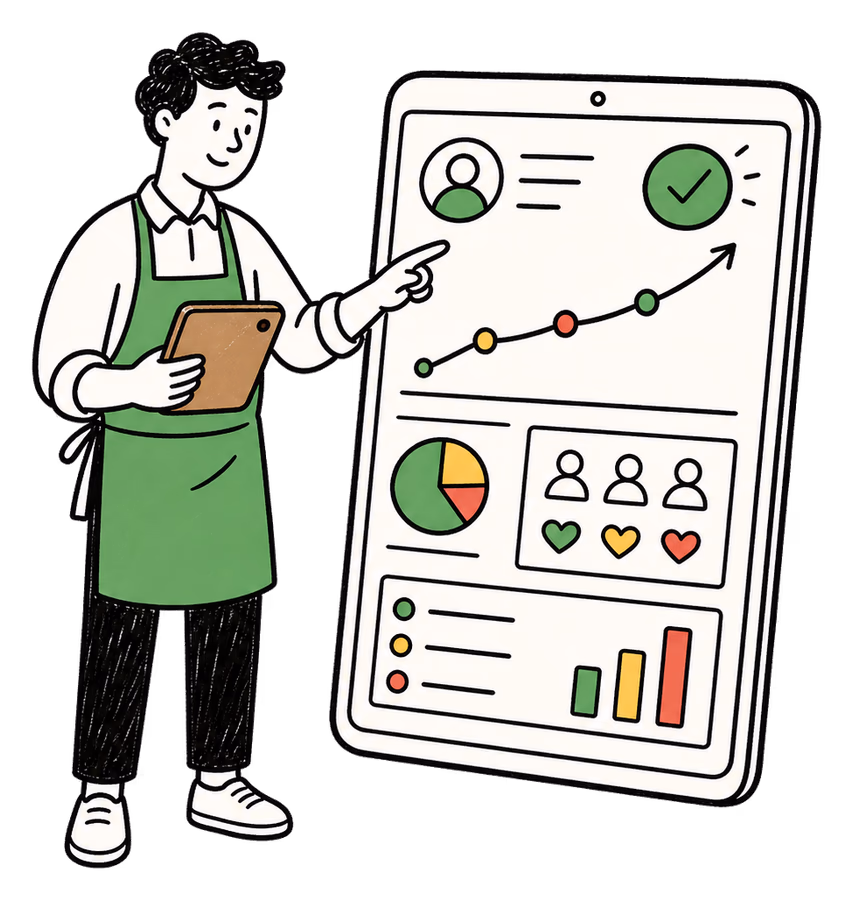 Business admin reviewing dashboards and making decisions from customer data.