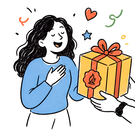 Cliente recibiendo un regalo de lealtad como pequeño momento de celebración.