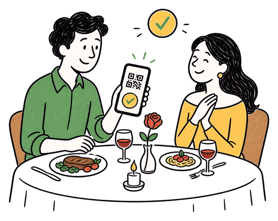 Couple at a romantic dinner paying with loyalty points.
