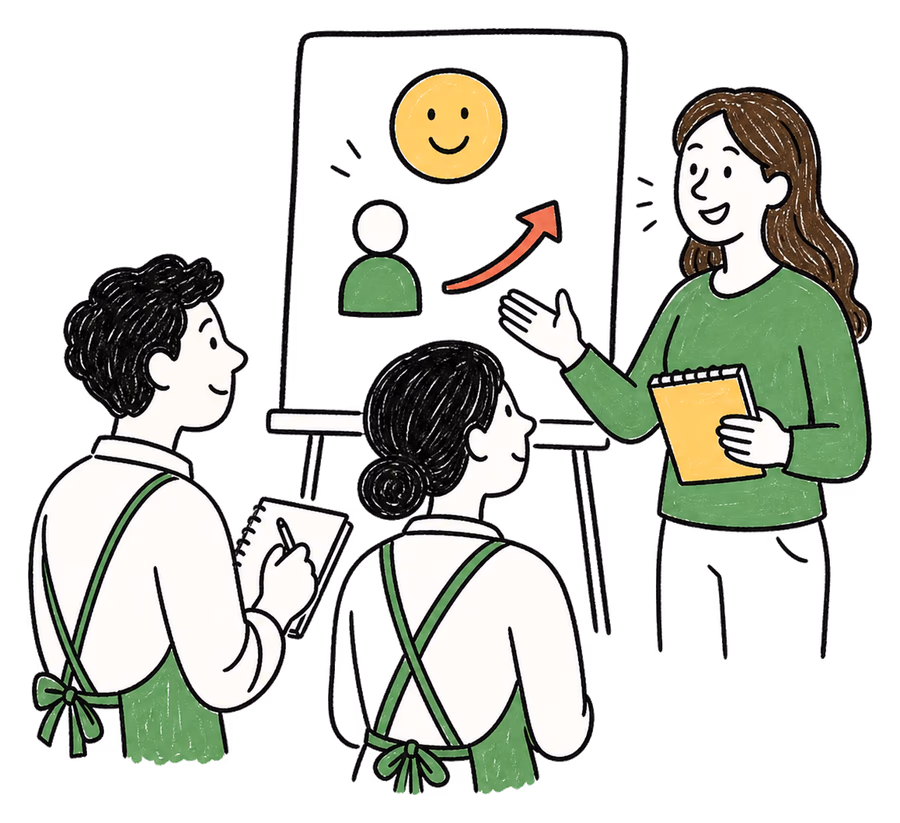 Woman training business staff on customer service and sales.