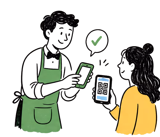 Mesero escaneando el código QR de un cliente para acreditar una visita en la mesa.
